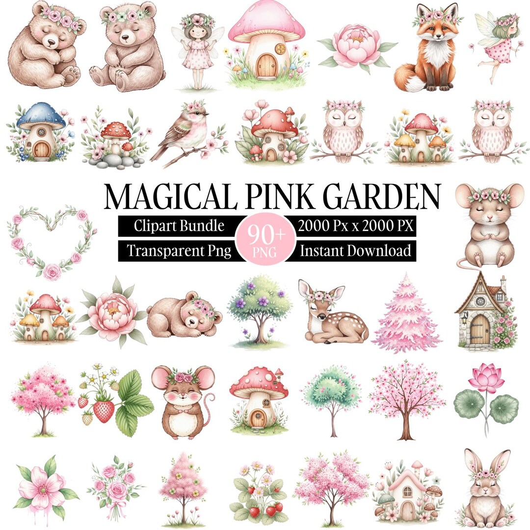 60+ Watercolor Magical Pink Garden Clipart PNG Bundle , Fantasy Floral ...