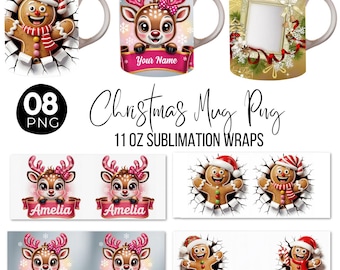 Christmas Mug Wrap PNG Bundle, Christmas Mug Full Wrap 11oz Winter Mug Design, Christmas Mug Sublimation, reindeer & gingerbread Digital Png