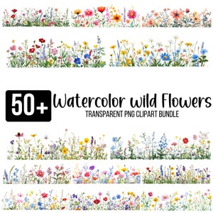 50+ Wildflower Clipart Bundle, Wildflower Meadow, Watercolor Flower, Watercolor Wildflower Png, Scrapbook, Junk Journal, Digital Download