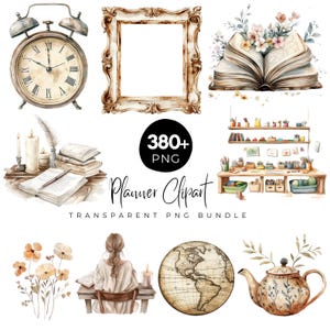 Pacchetto di oltre 380 clipart di planner, scrivania retrò e orologio PNG, clipart di libri e lampade antiche, ragazza planner PNG, download digitale