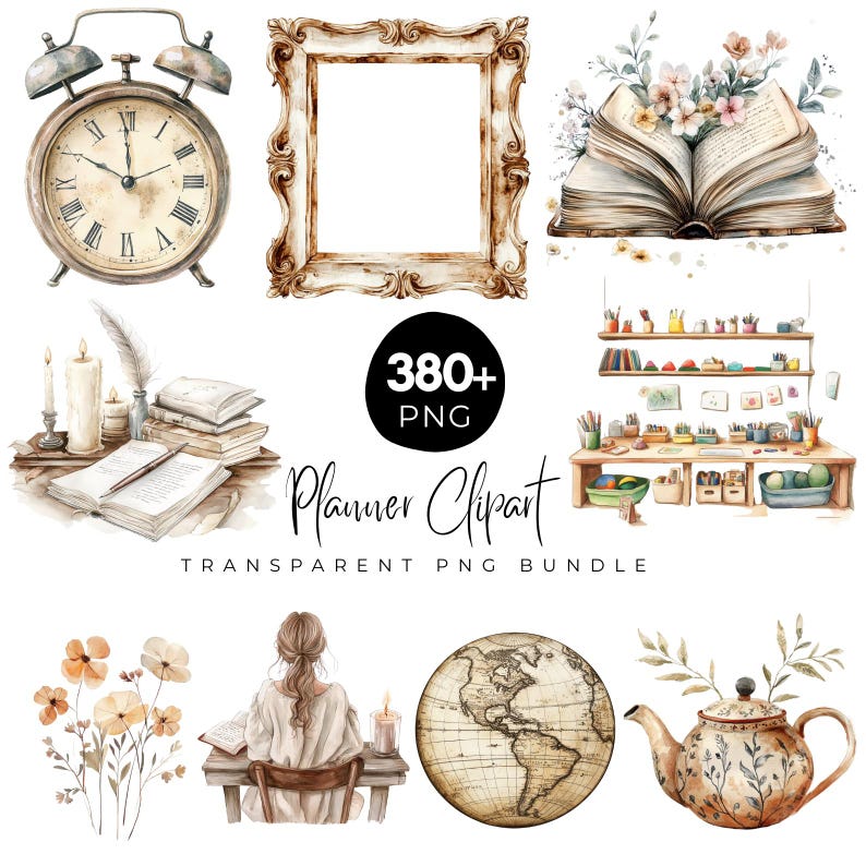 380+ Planner Clipart Bundle, Retro Desk and Clock PNG, Antique Books & Lamp Clipart, Planner Girl PNG, Digital Dowload image 1