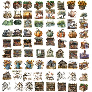 May include: A collection of 64 watercolor illustrations featuring various scenes from a quaint countryside. The illustrations include houses, gardens, farm stands, birdhouses, pumpkins, watering cans, and more. The illustrations are painted in a soft, muted palette of browns, greens, and blues.