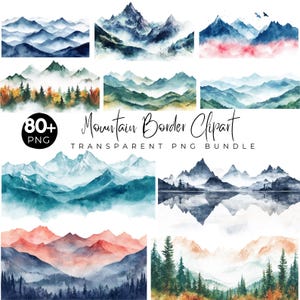 80+ Watercolor Mountain Clipart Bundle, Mountain Clipart, Mountain Border, Mountain PNG, Landscape, Sublimation, Digital Download image 1