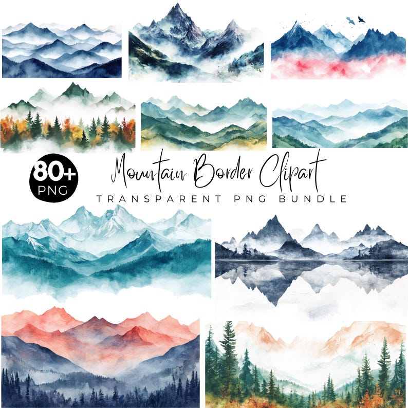 80+ Watercolor Mountain Clipart Bundle, Mountain Clipart, Mountain Border, Mountain PNG, Landscape, Sublimation, Digital Download image 1