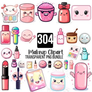 304 maquillage PNG Clipart Bundle, outils de beauté Png, maquilleur Png, conception de t-shirt, fille de maquillage rouge à lèvres, style chibi, numérique PNG