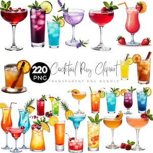 Peut inclure: Illustration de cocktails colorés. L'image présente diverses boissons dans différents verres, garnies de fruits, d'herbes et de glace. Le texte central indique "220 Cocktail Png Clipart", indiquant un ensemble PNG transparent.