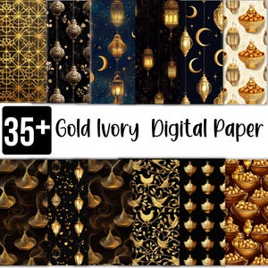 May include: A set of 35+ digital papers featuring gold and ivory patterns with a Moroccan theme. The patterns include lanterns, bowls, birds, and geometric designs.