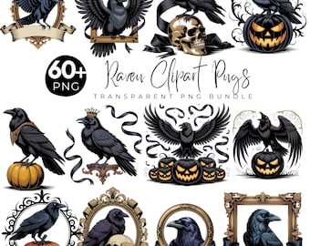 May include: A collection of raven-themed clipart images. The images feature black ravens in various poses, some with open wings, perched on pumpkins, skulls, and decorative frames. The text "Raven Clipart PNG" is also visible.
