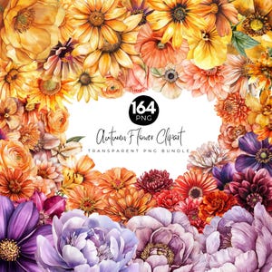 Pode incluir: Um vibrante arranjo floral com uma variedade de flores em aquarela em tons de amarelo, laranja, vermelho e roxo. A imagem inclui o texto "164 PNG" e "Autumn Flower Clipart - Transparent PNG Bundle."