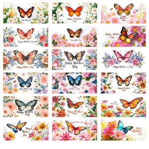 May include: A set of 16 digital printable cards featuring colorful butterflies and floral designs. Each card has the text "Happy Mother's Day" on it.