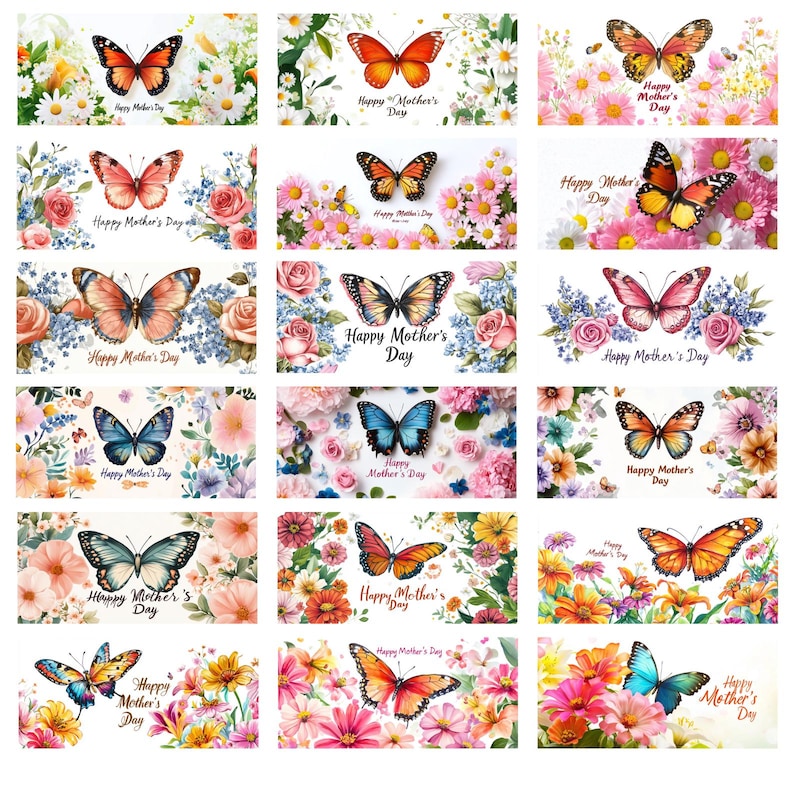 May include: A set of 16 digital printable cards featuring colorful butterflies and floral designs. Each card has the text "Happy Mother's Day" on it.