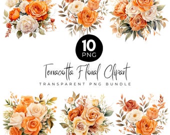 Clipart Boho en terre cuite, fleurs d'automne, fleur Boho PNG, fleur en terre cuite, aquarelle de fleurs, mariage automne Boho, téléchargement numérique