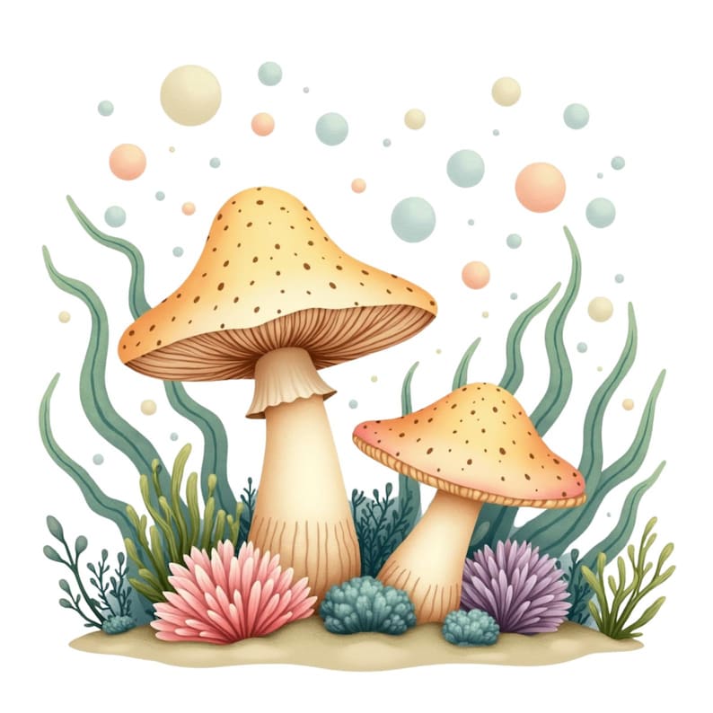 May include: Watercolor illustration of two mushrooms with speckled orange caps and cream-colored stems. The mushrooms are surrounded by green seaweed, pink and purple coral, and pastel-colored bubbles, creating a whimsical, nature-themed design.