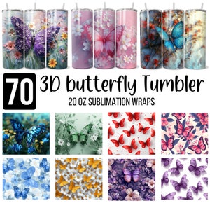 Lot de 70 gobelets papillon, papillon fleurs fines 20 oz, papillon néon lumineux 3D, sublimation transparente de papillons colorés png