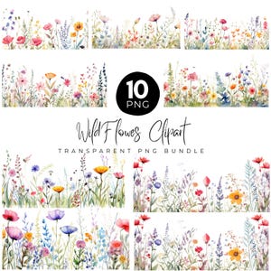 Wildflower Field Border Clipart Png, Watercolor Pastel Wildflowers Border, Summer Floral nature, Watercolor Clipart, Boho Floral Clipart
