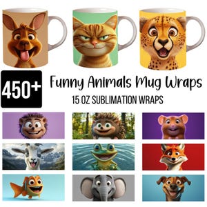 Può includere: 450+ Avvolgitori per tazze di animali divertenti, avvolgitori per sublimazione da 15 oz. L'immagine mostra una varietà di tazze con diversi disegni di animali, tra cui un canguro, un gatto, un ghepardo, un riccio, una rana, una volpe, un pesce, un elefante e un cane.