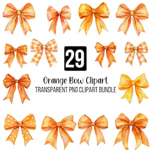 29 aquarel oranje strikken clipart png bundel, coquette bow clipart, schattige kanten strik, zijden coquette strik ontwerpen, girly clipart, digitale bestanden
