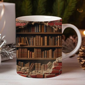 May include: A white ceramic mug with a design of a bookshelf filled with books. The bookshelf is broken and the books are falling out. The mug is on a wooden surface.