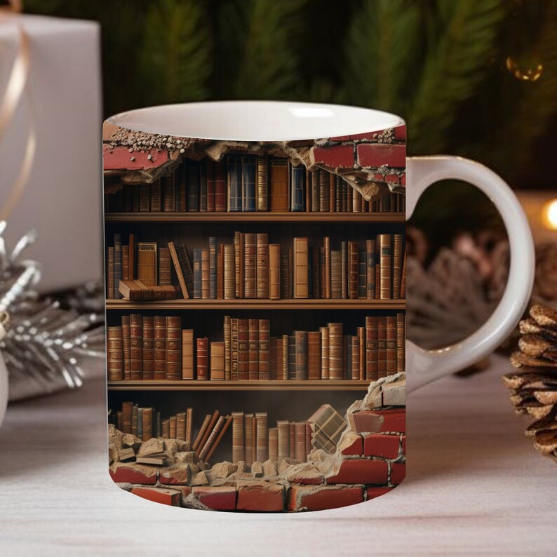 May include: A white ceramic mug with a design of a bookshelf filled with books. The bookshelf is broken and the books are falling out. The mug is on a wooden surface.