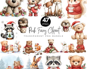 Aquarel kerst bos dieren clipart, schattige baby winter bos, lieve dieren png bundel, winter herten clipart, kerst dieren