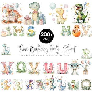 200+ Dino-Geburtstags-Party-Clipart-Bündel, niedliche Aquarell-Dinosaurier-Buchstaben, Dinosaurier-Alphabet PNG, Dino-Geburtstagsdekorationen, Digitales PNG