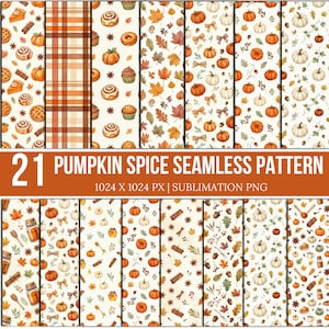 May include: A collection of 21 seamless digital patterns featuring autumn themes including orange pumpkins, cinnamon sticks, maple leaves, acorns, plaid textures, and baked goods like pies and muffins on a cream-colored background.