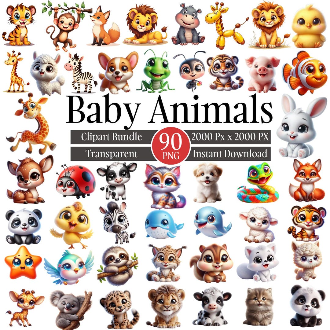 90 Baby Animals Clipart PNG Bundle, Cute Animal PNG, Nursery Animal ...