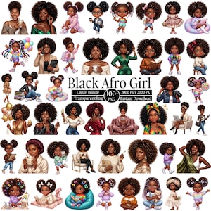 Über 100 Afro-Girl-Cliparts im PNG-Format, lustige Cliparts von schwarzen Mädchen, Melanin-Girl-PNGs, süße Grafiken mit natürlichem Haar, Sublimationsdesigns für Powerfrauen