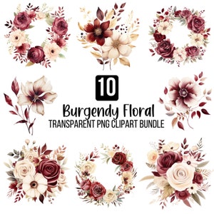 Burgundy Floral Clipart PNG Bundle, Burgundy Bouquet Clipart, Pink Floral Clipart, Watercolor Wedding Flowers, Watercolor Flowers  Png