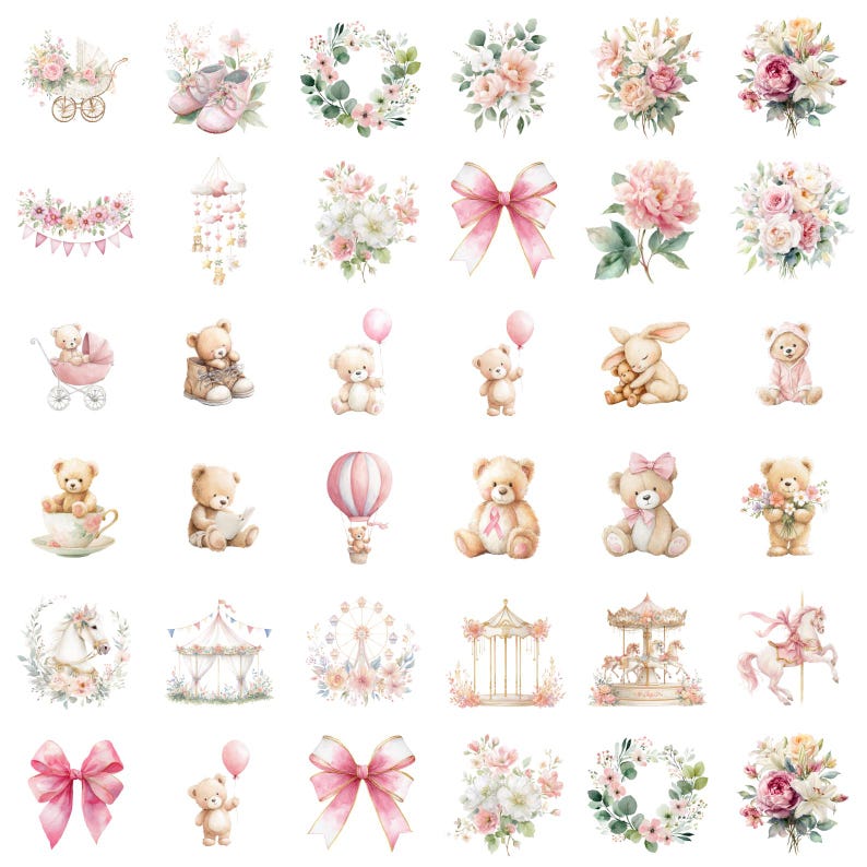 Puede incluir: Ilustraciones en acuarela con tem&aacute;tica de beb&eacute;, que incluyen osos de peluche, zapatos de beb&eacute;, lazos, arreglos florales, un cochecito y un globo aerost&aacute;tico. La paleta de colores es suave, con tonos rosas, blancos y beige.