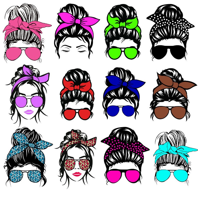 May include: Twelve digital illustrations of women with different colored hair buns and sunglasses. Each woman has a different colored headband with a pattern, including polka dots, leopard print, and solid colors.