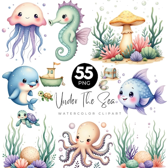 55 Under the Sea Watercolor Clipart, Ocean Sea Life PNG Bundle, Cute Marine Animals, Coral Reef, Kids Nursery Art, Sublimation Designs
