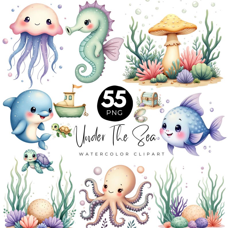 May include: Watercolor clipart set featuring various sea creatures, including a jellyfish, seahorse, dolphin, fish, octopus, and turtles. The image also includes a boat, treasure chest, and the text "Under The Sea".