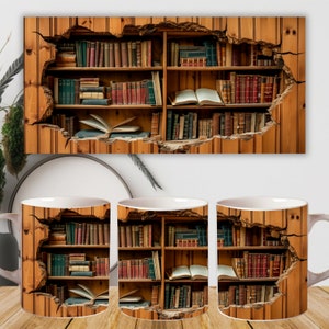 May include: Three white ceramic mugs with a design of a bookshelf with books bursting out of the wall. The bookshelf is made of wood and has a rustic look.