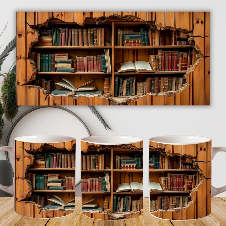May include: Three white ceramic mugs with a design of a bookshelf with books bursting out of the wall. The bookshelf is made of wood and has a rustic look.