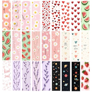 May include: A collection of colorful bookmarks with various designs. Some feature daisies, watermelon slices, and hearts. Others display lavender, planets, and strawberries. One bookmark has the text "kind soul", and others say "kindness is beautiful".