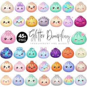 Glitter Dumpling Clipart PNG Bundle, Cute Kawaii Dumpling Clip Art, Sparkly Food Characters, Whimsical Asian Food Graphics, Digital Download