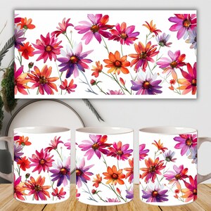 Peut inclure: Trois tasses en c&eacute;ramique blanche avec un motif floral. Le motif pr&eacute;sente des fleurs roses, violettes et orange sur un fond blanc.
