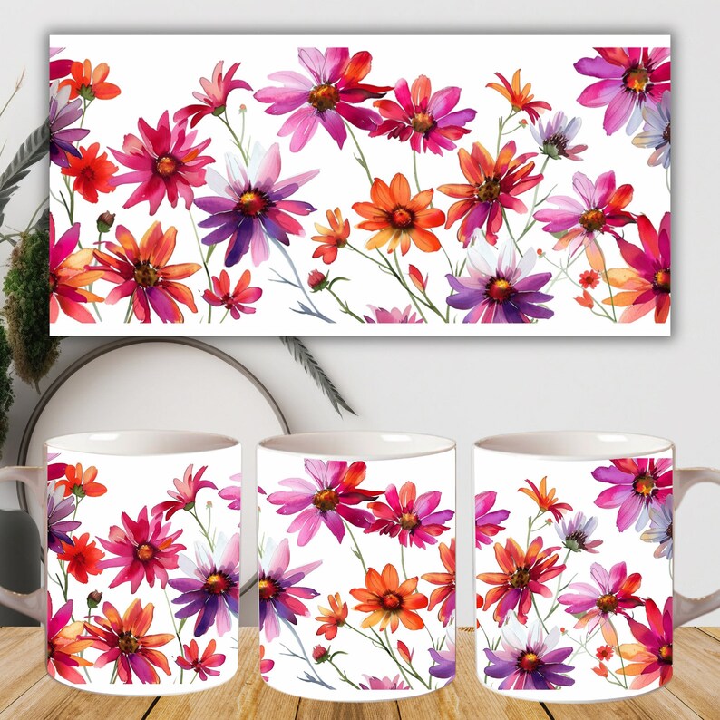 Peut inclure: Trois tasses en c&eacute;ramique blanche avec un motif floral. Le motif pr&eacute;sente des fleurs roses, violettes et orange sur un fond blanc.