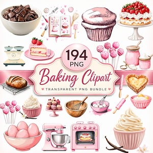 194 Baking Clipart Bundle, Watercolor Baking Png, Vintage Bakery, Baking Sublimination, Mixer, Desserts & More Png, Digital Downoad