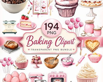Paquete de 194 imágenes prediseñadas de repostería, imágenes PNG de repostería con acuarela, panadería vintage, sublimación de repostería, batidora, postres y más, descarga digital