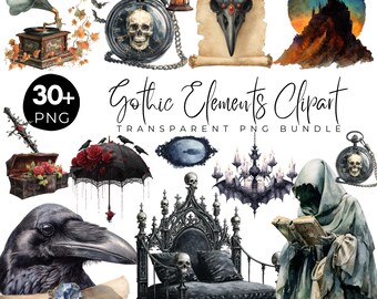 Gothic Elements Clipart Bundle, Dark Aesthetic PNG, Raven Skull Grim Reaper, Gothic Halloween Clipart, Digital Download