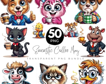 50 Funny Coffee Mug PNG,  Sarcastic Coffee Lover Bundle, Coffee Lover & Animal Mug Wrap Sublimation Designs, Digital Download