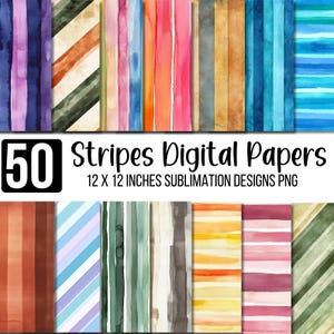 50 Stripes Digital Paper, Striped Scrapbook PNG, Colourful Pattern Set, Watercolor Stripe Patterns, Striped Digital Paper, Neutral Stripes