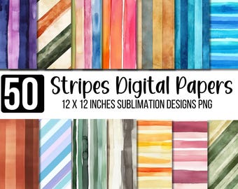50 Streifen Digitales Papier, gestreiftes Sammelalbum PNG, buntes Muster-Set, Aquarell Streifenmuster, gestreiftes digitales Papier, neutrale Streifen