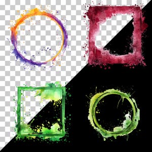 May include: Four watercolour frames in a square arrangement. The top left is a circle with orange, yellow, and purple hues. The top right is a square with red and maroon tones. The bottom left is a green square, and the bottom right is a green circle.