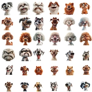 Pu&ograve; includere: Una collezione di 40 volti di cani di cartoni animati con diverse espressioni, tra cui felici, sorpresi e stupidi. I cani sono di razze e colori diversi e guardano tutti direttamente lo spettatore.