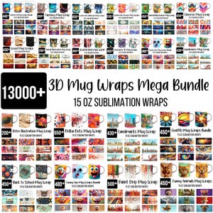 13000+ 3D-Becher-Wraps Mega-Bundle, Abstrakte, Blumen, Tier, Geometrisch, Wahrzeichen, lustig und niedlich Tassenverpackungen, 15 Unzen Tassenverpackungen, Sublimationsdesigns