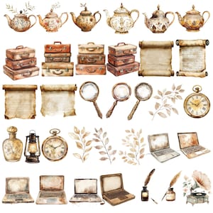 May include: A collection of vintage-inspired watercolor illustrations featuring teapots, suitcases, scrolls, magnifying glasses, lanterns, pocket watches, laptops, inkwells, and a record player. The illustrations are in shades of brown, beige, and gold.