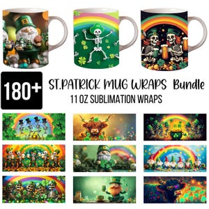 May include: A bundle of 180+ St. Patrick's Day themed 11 oz sublimation mug wraps. The wraps feature a variety of designs, including shamrocks, leprechauns, and other Irish symbols.